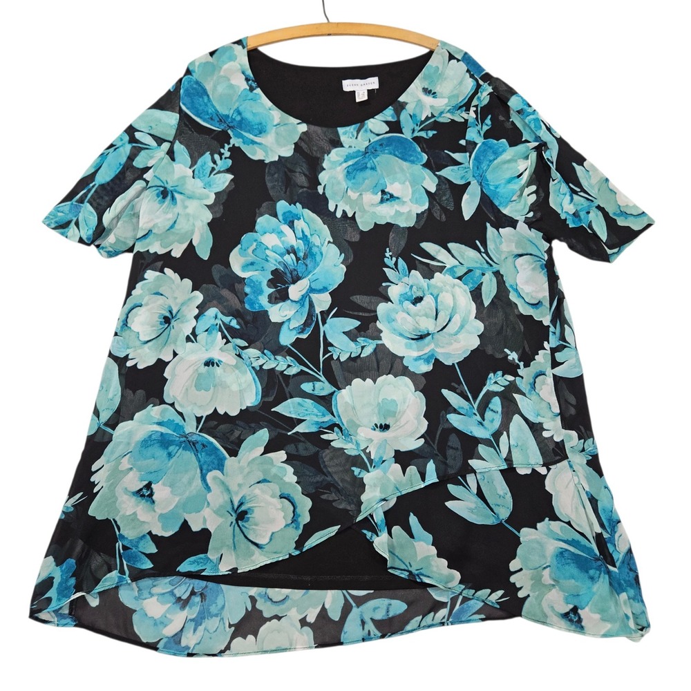 Susan Graver Modern Floral Layered Asymmetrical Tunic Top Blue Black Sz 1X